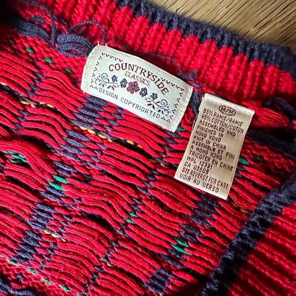 Countryside Classics vintage Red and blue plaid and argyle knit cardigan. Medium - Picture 2 of 6